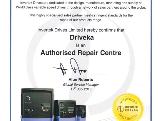 Сертификат официального сервисного партнера Invertek